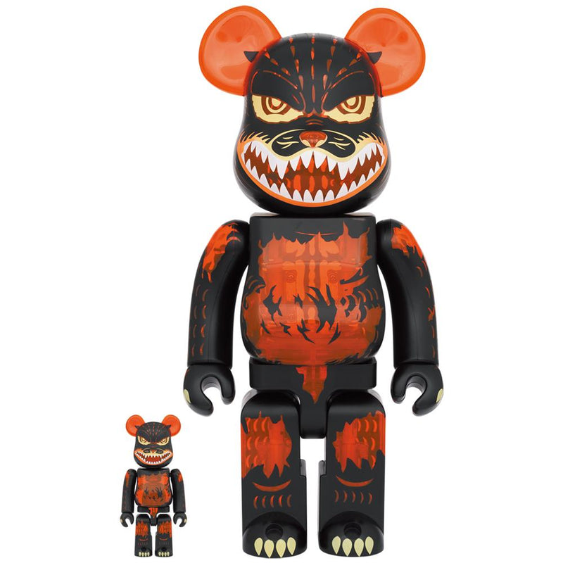 BE@RBRICK Godzilla VS Destroyer Godzilla 100% & 400% collectible figure featuring a clear orange design inspired by Godzilla's meltdown form.