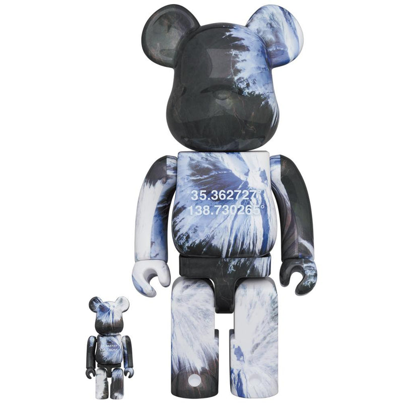 Be@rbrick Benjamin Grant Fuji 100% and 400% collectible figures, featuring an overview print of Fuji, with heights of 11.02" and 2.75".