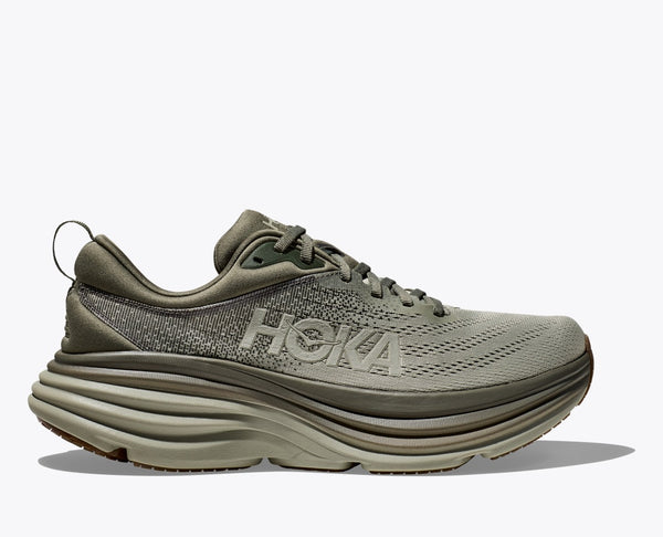 Hoka One One Bondi 8 running shoes showcasing the extended heel geometry, rear crash pad, and engineered mesh upper for a comfortable fit.