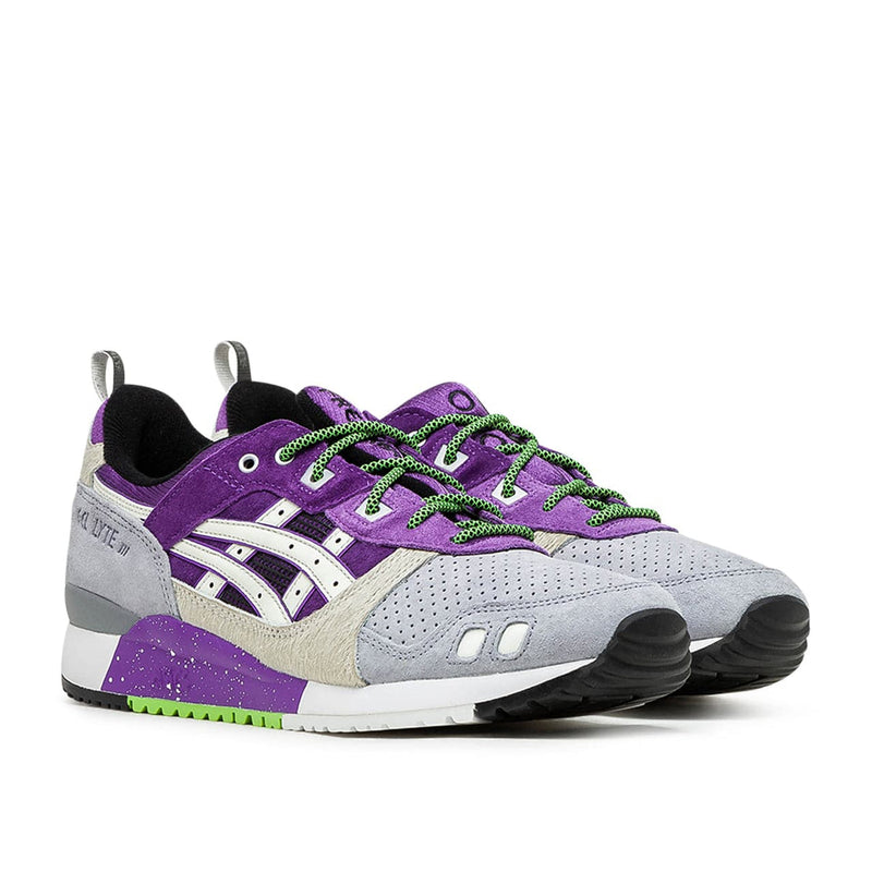 ASICS Gel-Lyte III OG 'Alley Cats' sneaker featuring suede and mesh upper with purple and grey tones, from Atmos x Sneaker Freaker collaboration.
