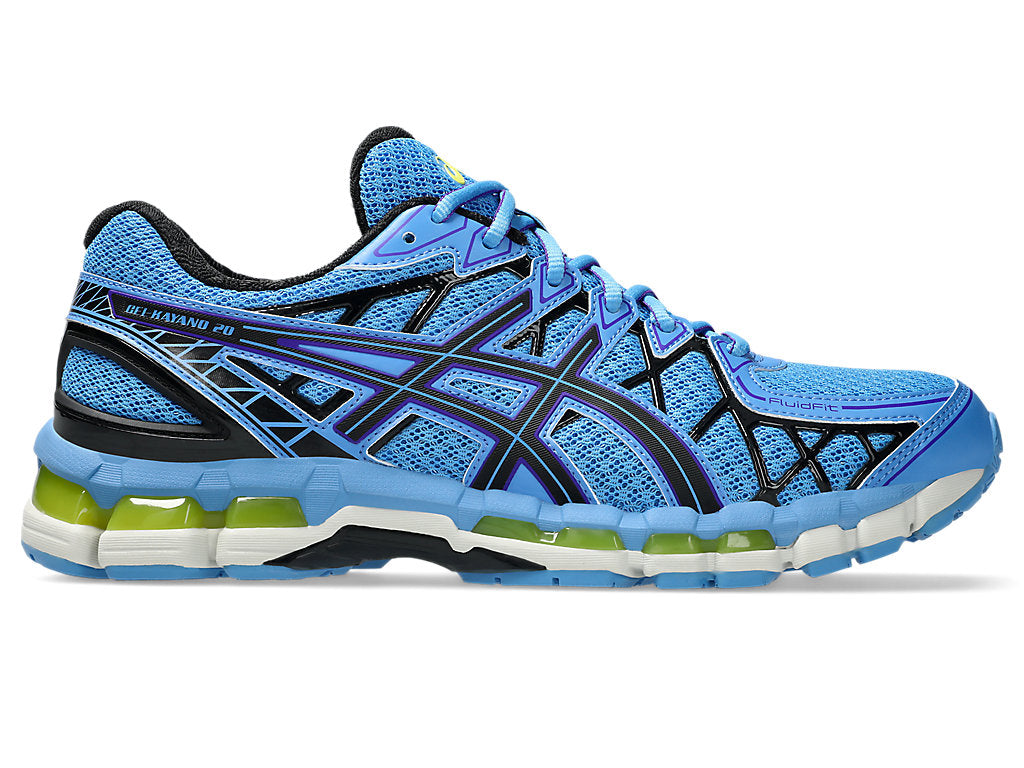 GEL-KAYANO™ 20 sneaker featuring FLUIDFIT™ cage, dual GEL™ technology inserts, and GUIDANCE TRUSSTIC™ system for enhanced fit, comfort, and stability.