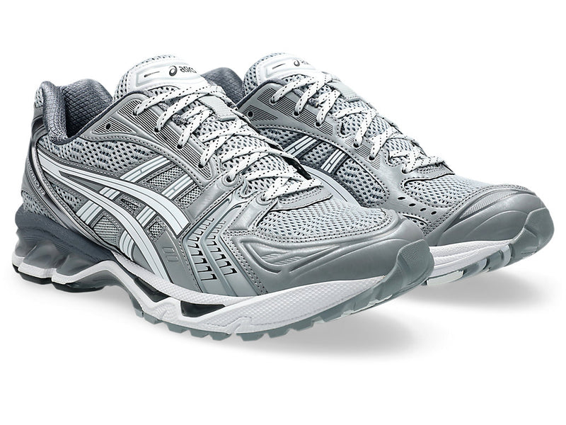 BEAUTY&YOUTH × ASICS GEL-KAYANO 14 sneakers with a monochromatic design, mesh and synthetic leather upper, metallic silver accents, and GEL cushioning.