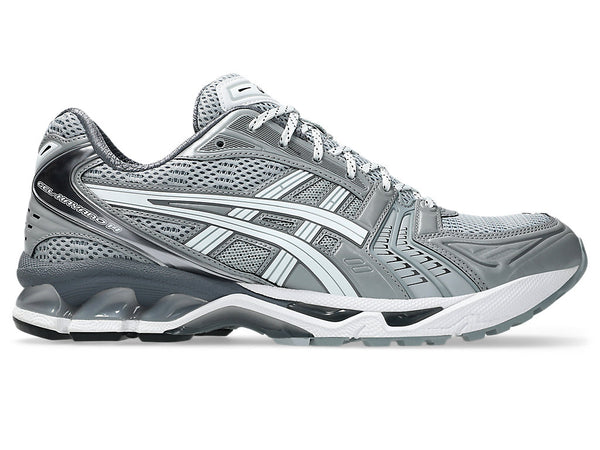 BEAUTY&YOUTH × ASICS GEL-KAYANO 14 sneakers with a monochromatic design, mesh and synthetic leather upper, metallic silver accents, and GEL cushioning.