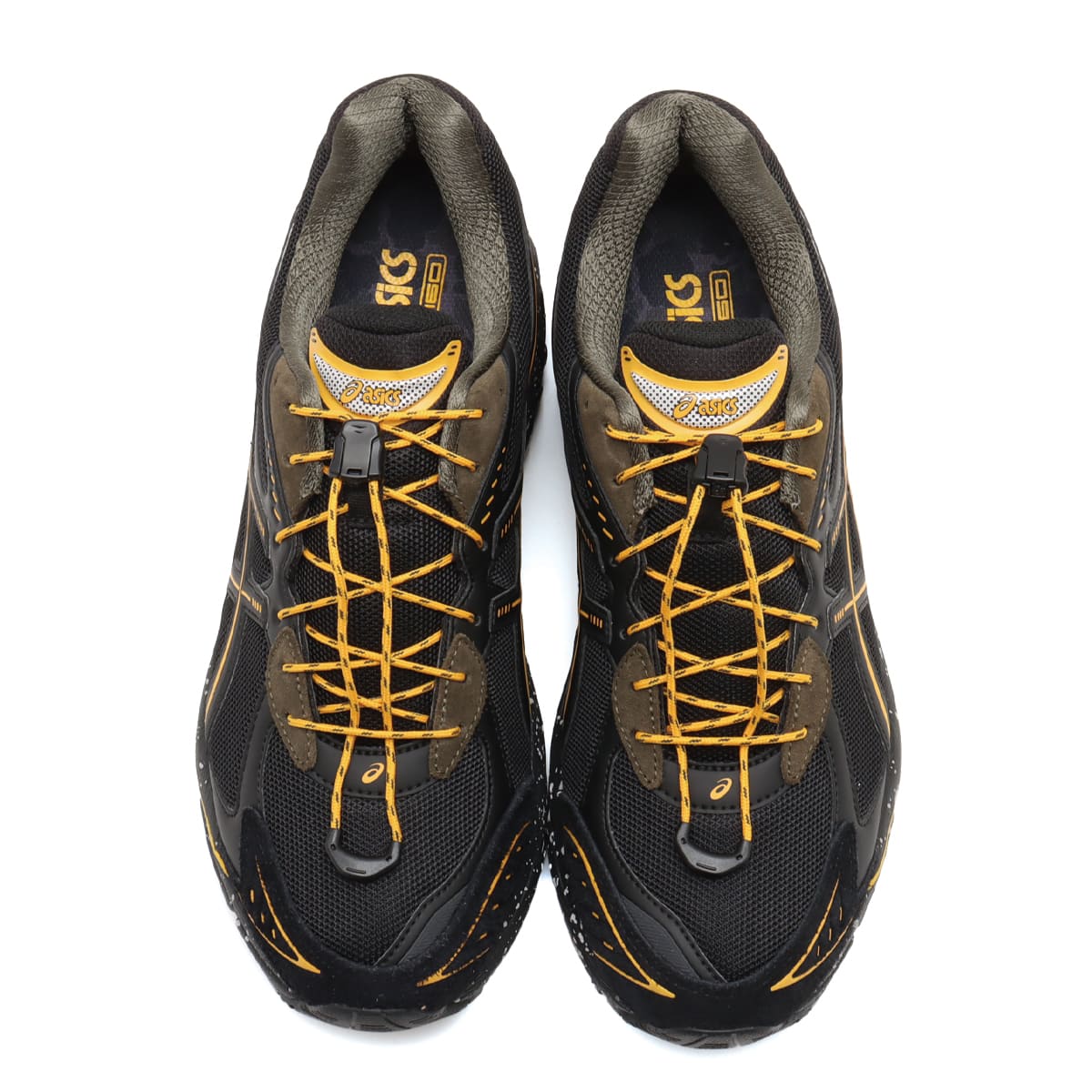 atmos x GRIPSWANY x ASICS SportStyle GT-2160 sneakers featuring a black upper with Swany Yellow ASICS stripes, drawstring laces, reflective details, and a duck camo insole.