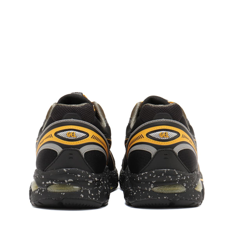 atmos x GRIPSWANY x ASICS SportStyle GT-2160 sneakers featuring a black upper with Swany Yellow ASICS stripes, drawstring laces, reflective details, and a duck camo insole.