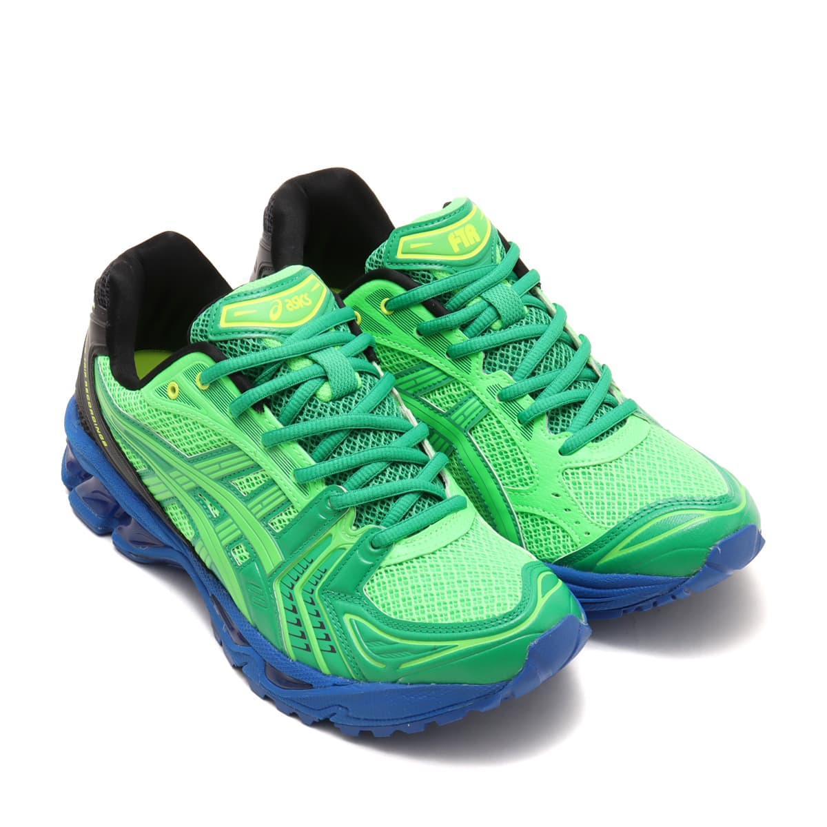 ASICS GEL-KAYANO 14 collaboration sneaker in green and blue, created with Field Trip Recordings and DJ Zack Bia.