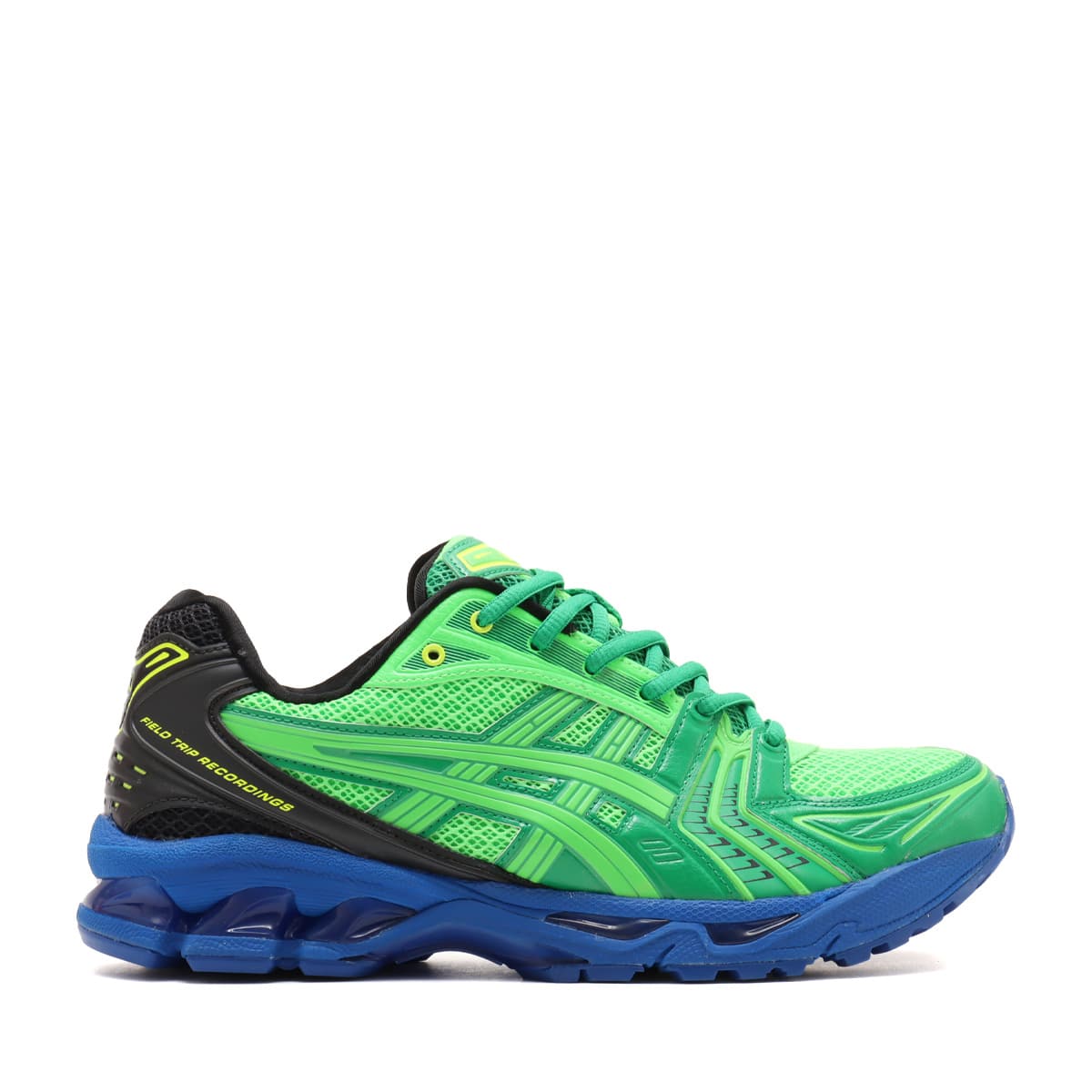 ASICS GEL-KAYANO 14 collaboration sneaker in green and blue, created with Field Trip Recordings and DJ Zack Bia.