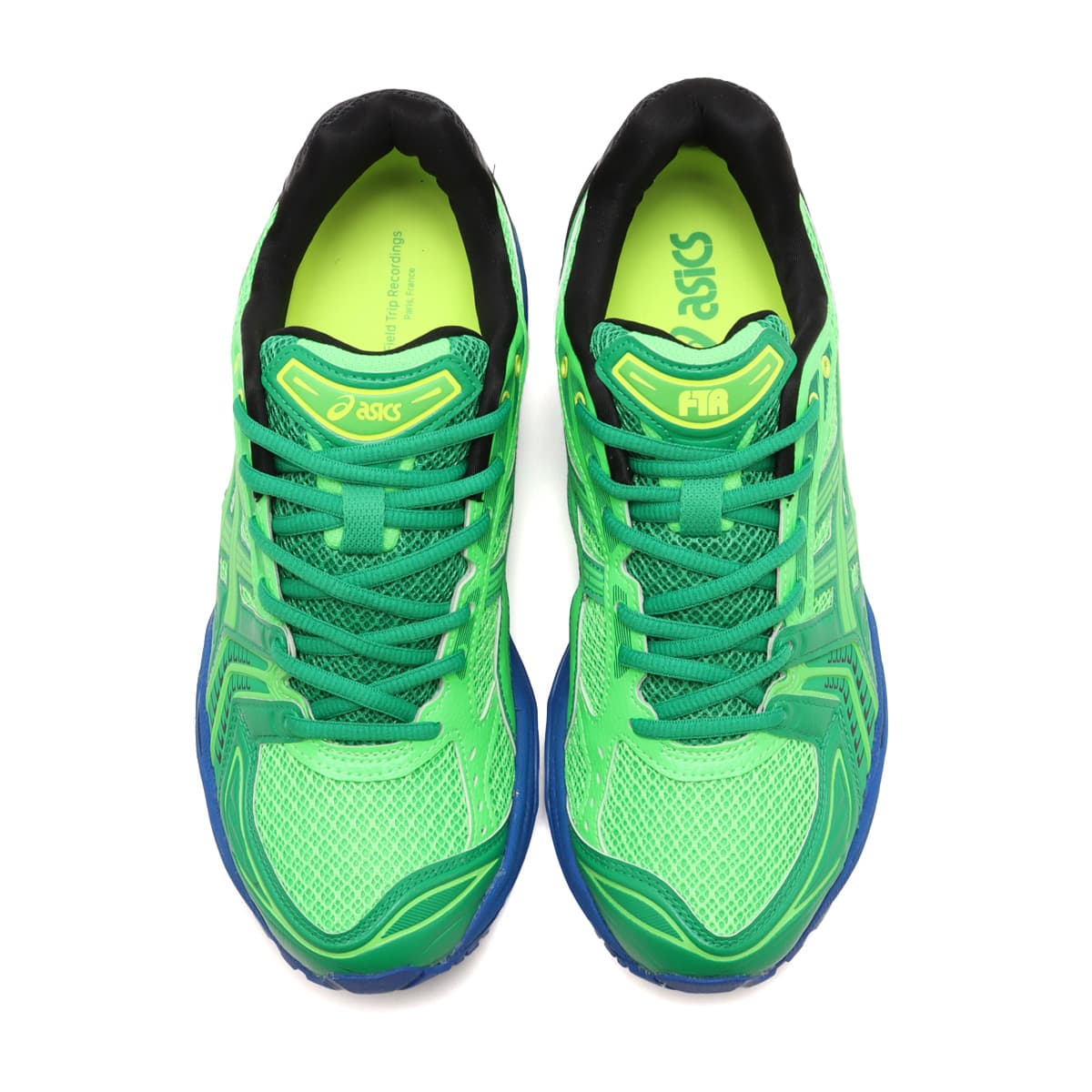 ASICS GEL-KAYANO 14 collaboration sneaker in green and blue, created with Field Trip Recordings and DJ Zack Bia.