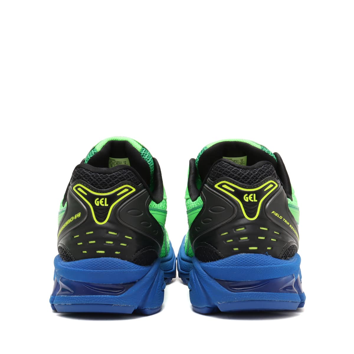 ASICS GEL-KAYANO 14 collaboration sneaker in green and blue, created with Field Trip Recordings and DJ Zack Bia.