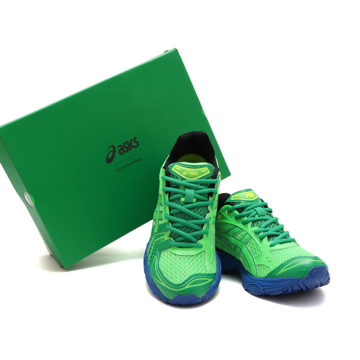 ASICS GEL-KAYANO 14 collaboration sneaker in green and blue, created with Field Trip Recordings and DJ Zack Bia.