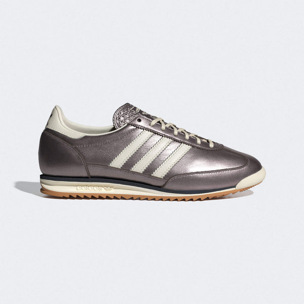 adidas SL 72 sneaker with a metallic leather upper, low-profile silhouette, and EVA midsole for lightweight comfort and vintage-inspired style.