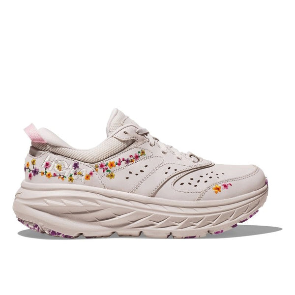 HOKA BONDI L BP lifestyle shoes showcasing vibrant floral patterns, premium nubuck upper, and marbled outsole, designed for both comfort and style.