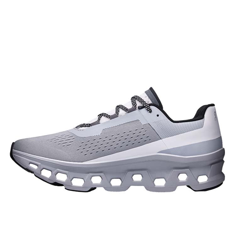 On Cloudmonster Alloy/Silver running shoe with CloudTec cushioning for long-distance runners.