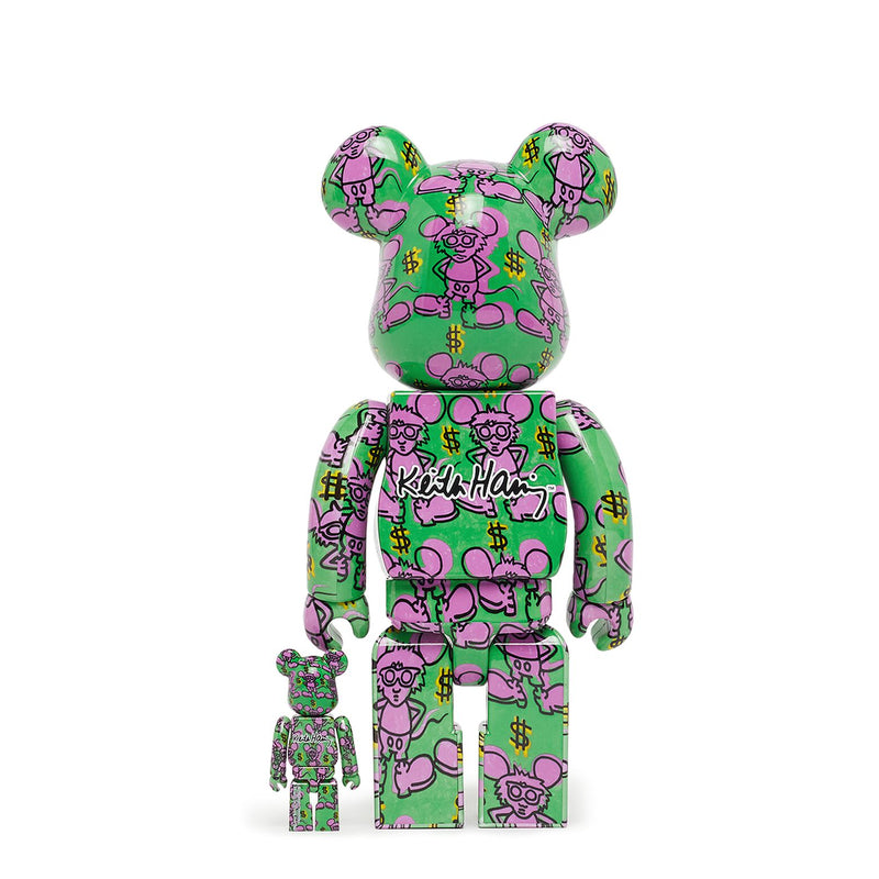 BE@RBRICK Keith Haring #11 100% & 400% figures featuring bold, colorful designs inspired by Keith Haring's signature art style.