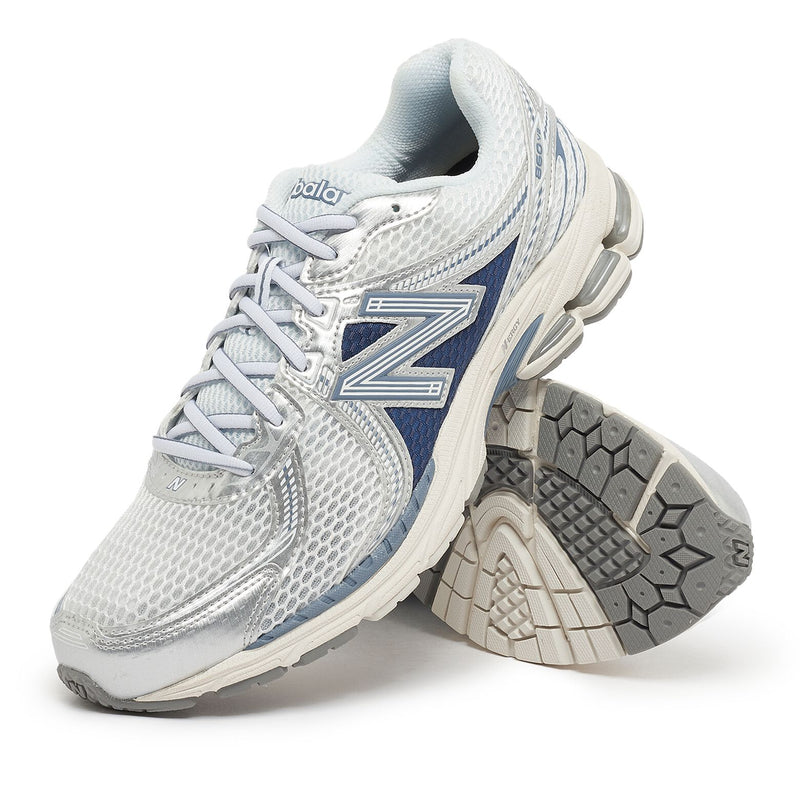 New Balance ML860GG2 from Northern Lights Pack: White mesh upper with silver accents and icy blue details, ABZORB cushioning