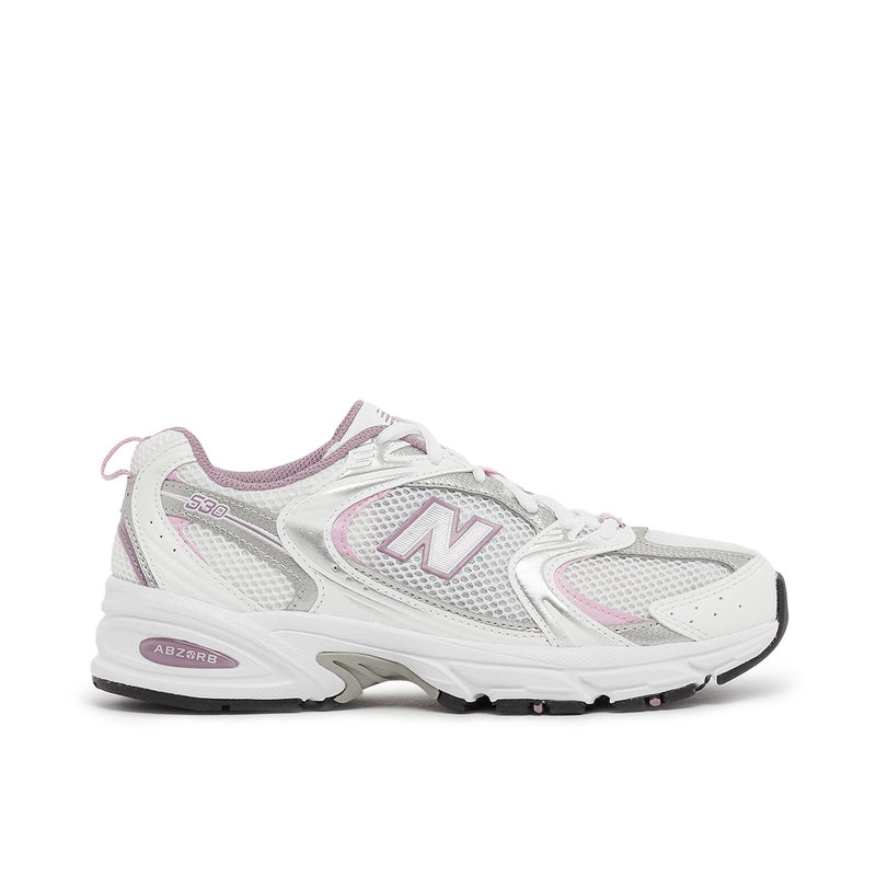 New Balance 530 sneaker with ABZORB midsole, mesh and synthetic upper, and modern design featuring sweeping curves and sharp angles.