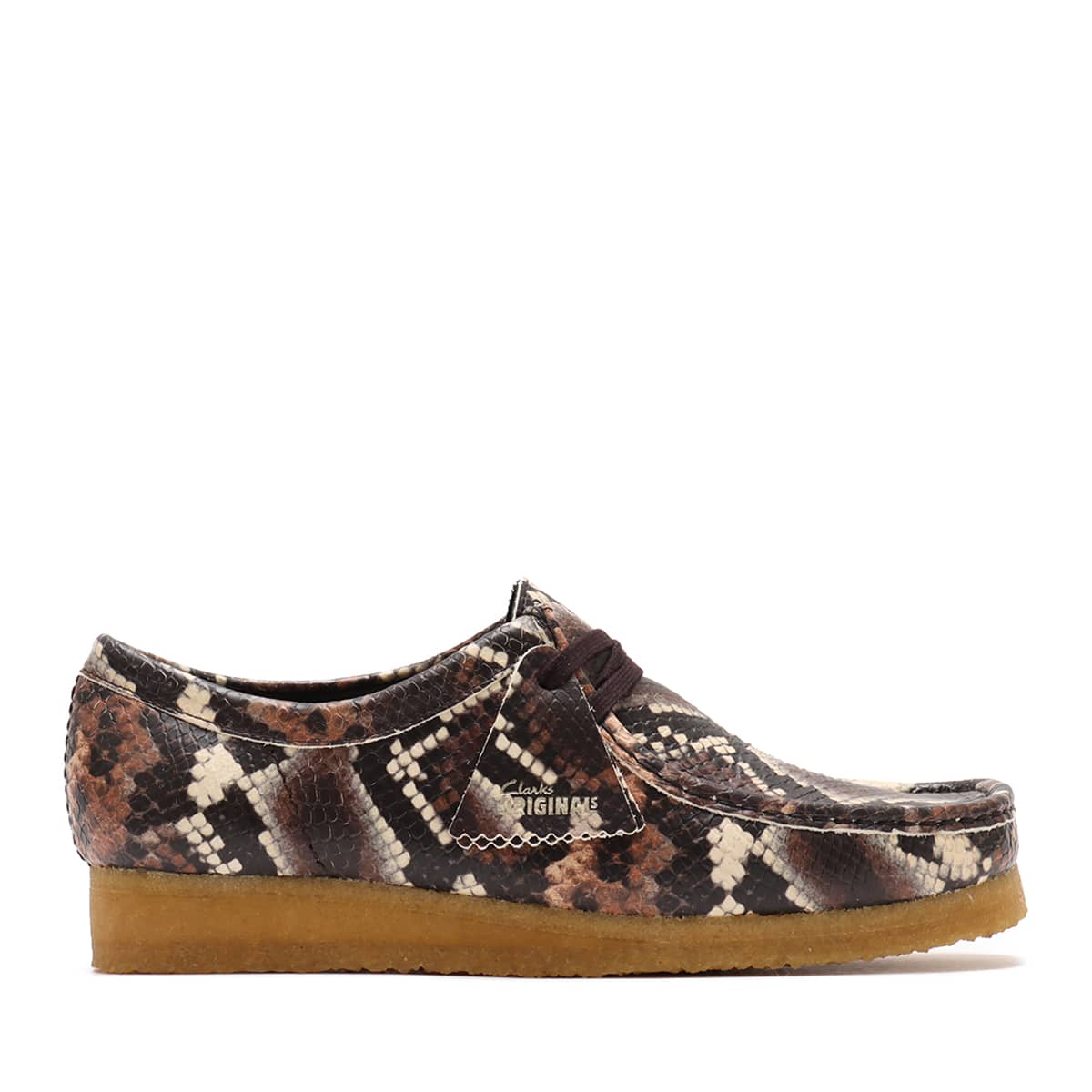 Clarks Wallabee shoe in bold brown snake print with round toe and crepe sole