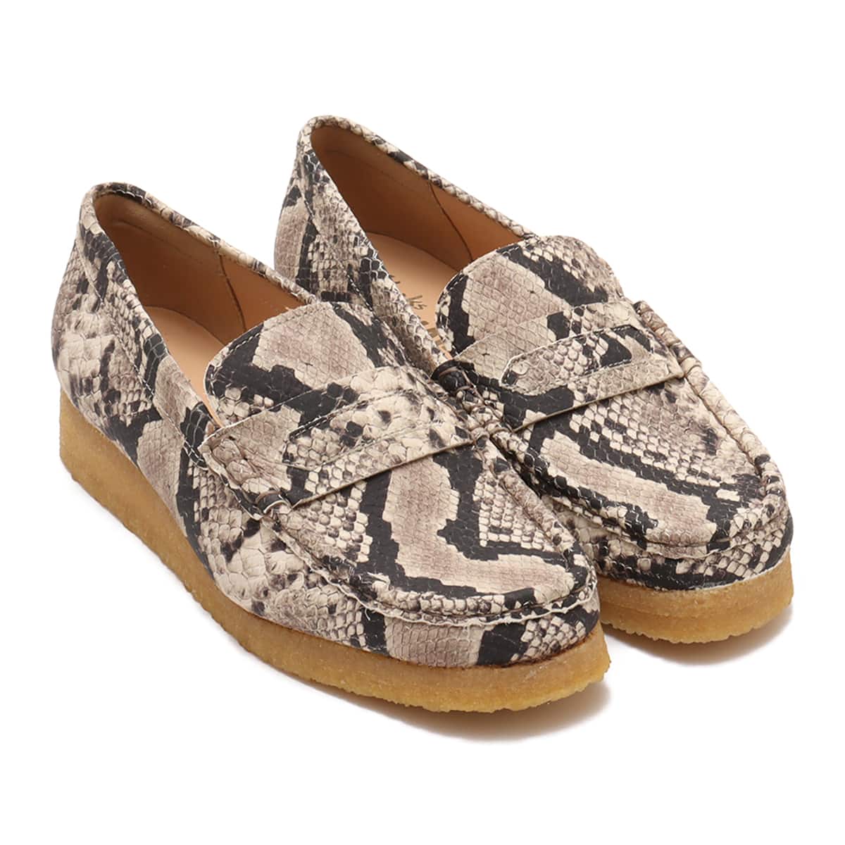 Clarks Wallaby Loafer in grey snake leather with hand-sewn seams and crepe sole
