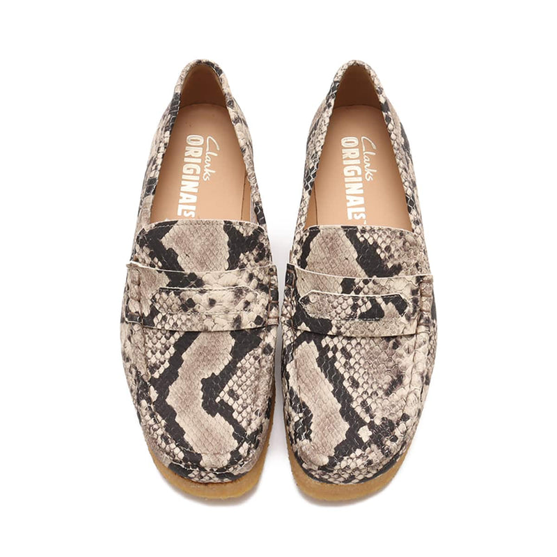 Clarks Wallaby Loafer in grey snake leather with hand-sewn seams and crepe sole