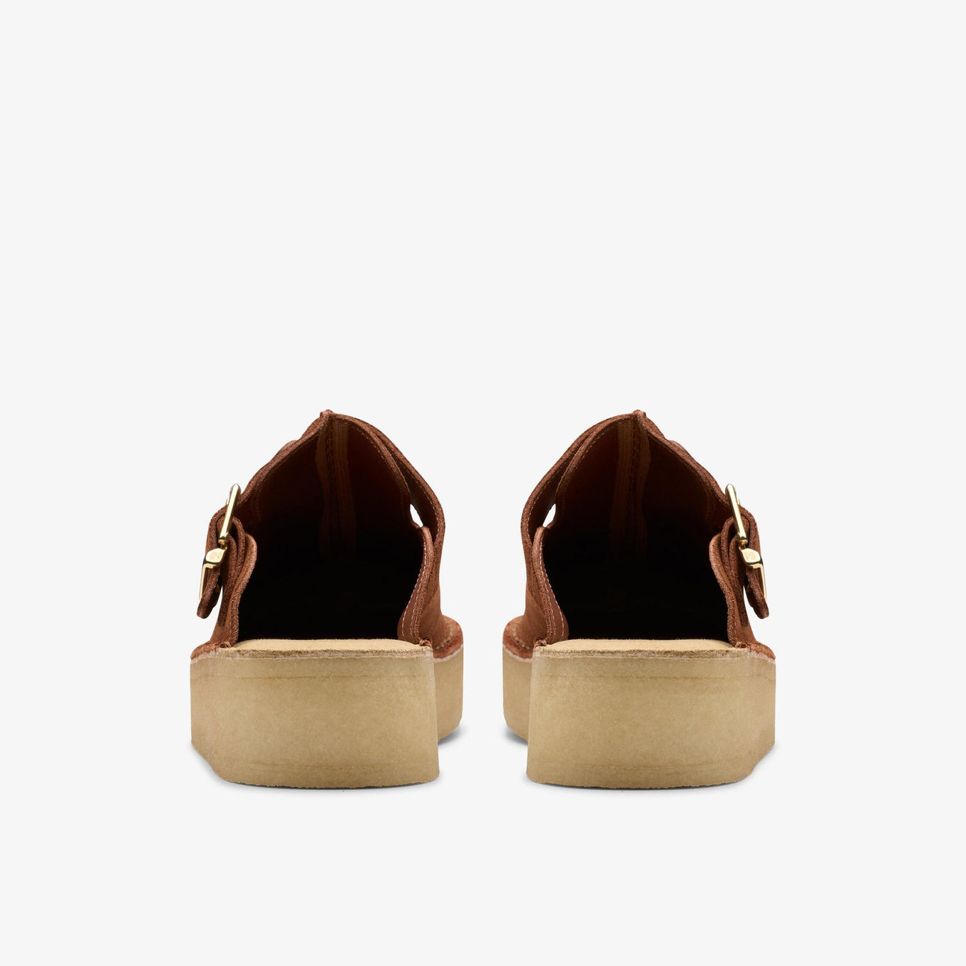 Clarks Originals Trek Wedge Mule in mocha bisque suede with metal buckles, showcasing a central butt seam and natural crepe rubber soles