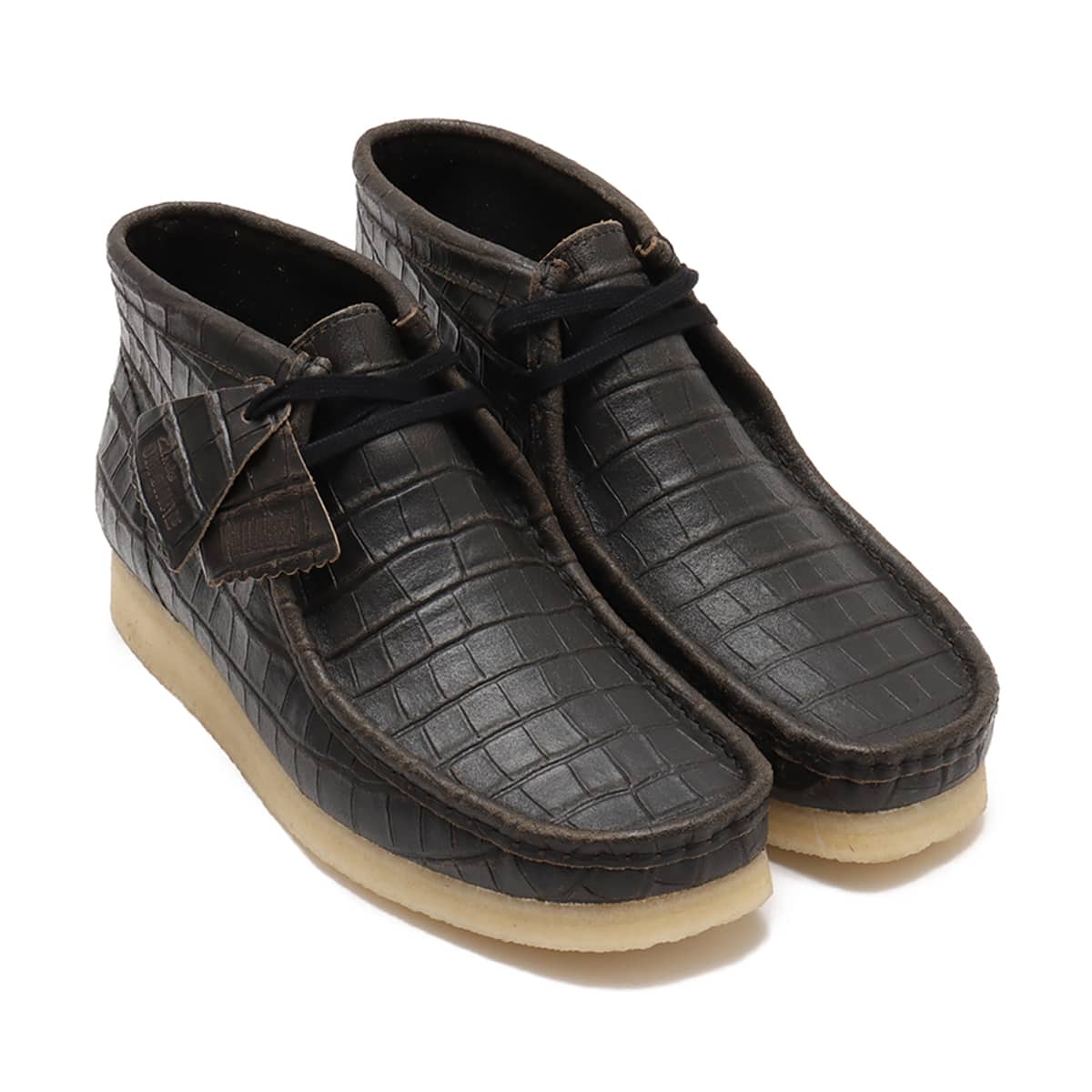 Clarks Wallabee Boot in black crocodile-distressed leather with lace-up closure and crepe sole