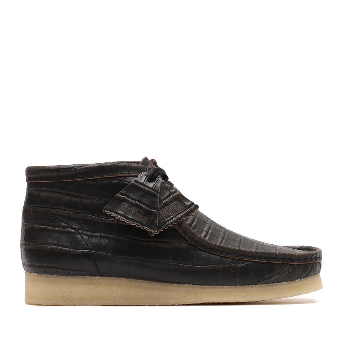 Clarks Wallabee Boot in black crocodile-distressed leather with lace-up closure and crepe sole