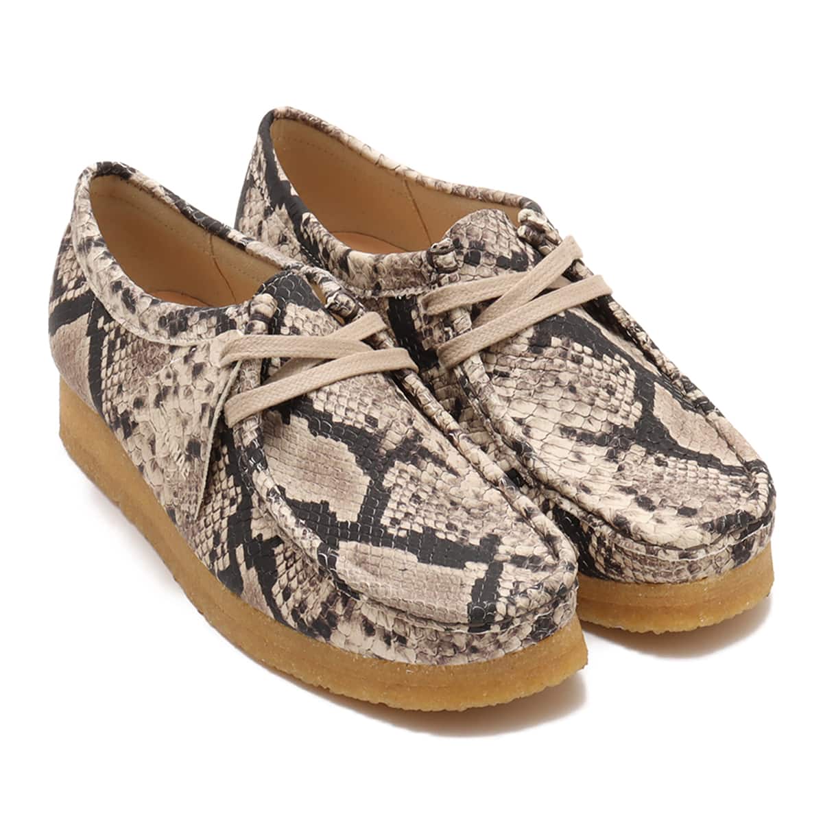 Grey snake leather Clarks Wallabee shoe with classic lace-up design and crepe sole