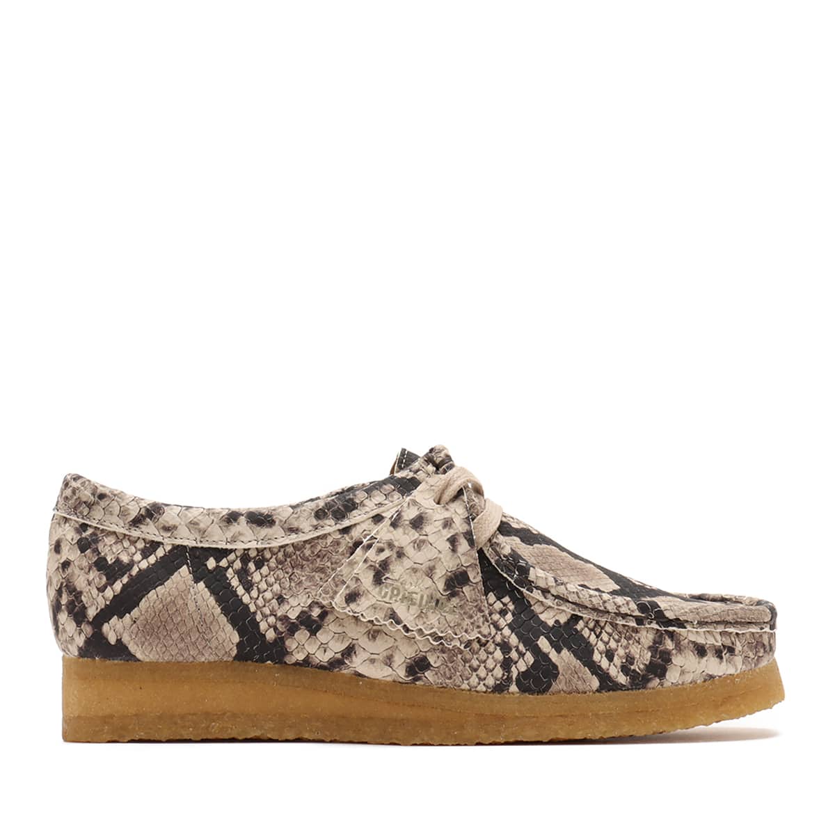 Grey snake leather Clarks Wallabee shoe with classic lace-up design and crepe sole