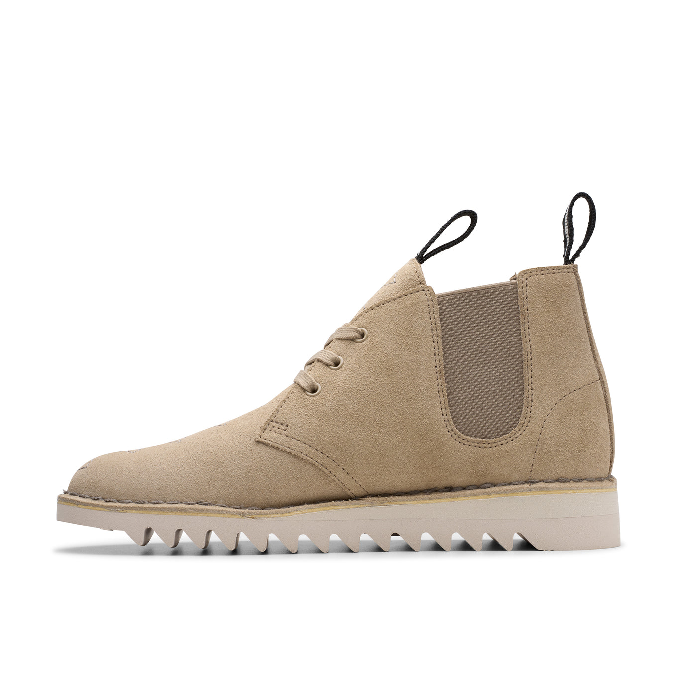 Clarks Desert NBHD shoe showcasing elastic gusset with Neighborhood branding and distinctive zig-zag stitch detail.