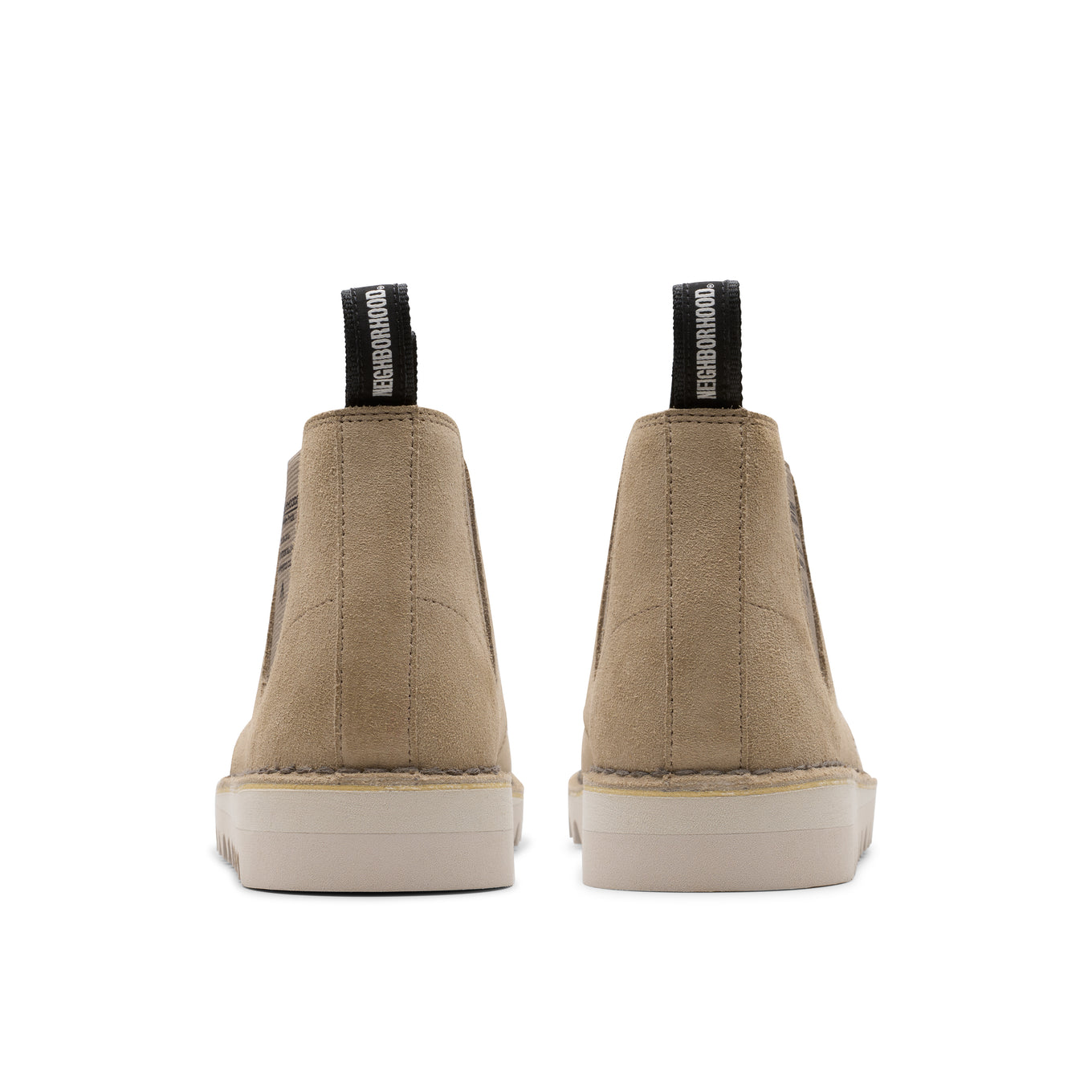 Clarks Desert NBHD shoe showcasing elastic gusset with Neighborhood branding and distinctive zig-zag stitch detail.