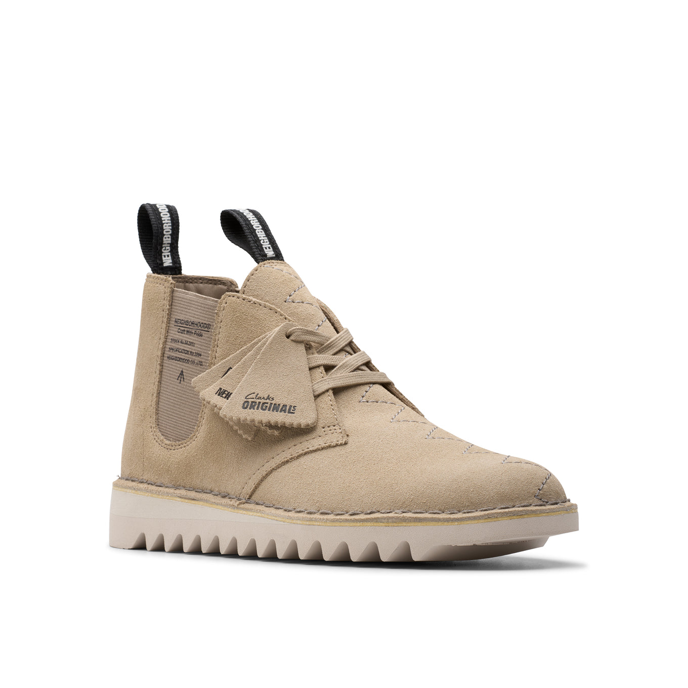 Clarks Desert NBHD shoe showcasing elastic gusset with Neighborhood branding and distinctive zig-zag stitch detail.