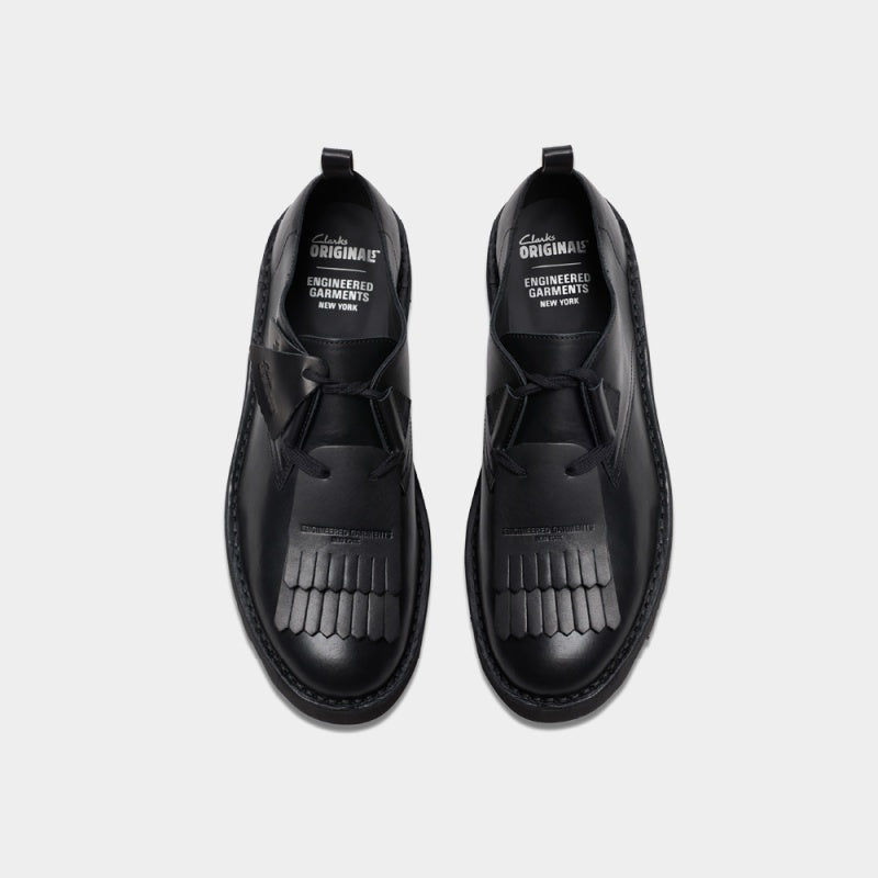 Clarks Originals x Engineered Garments Desert Khan shoes in a reimagined silhouette with modern detailing.