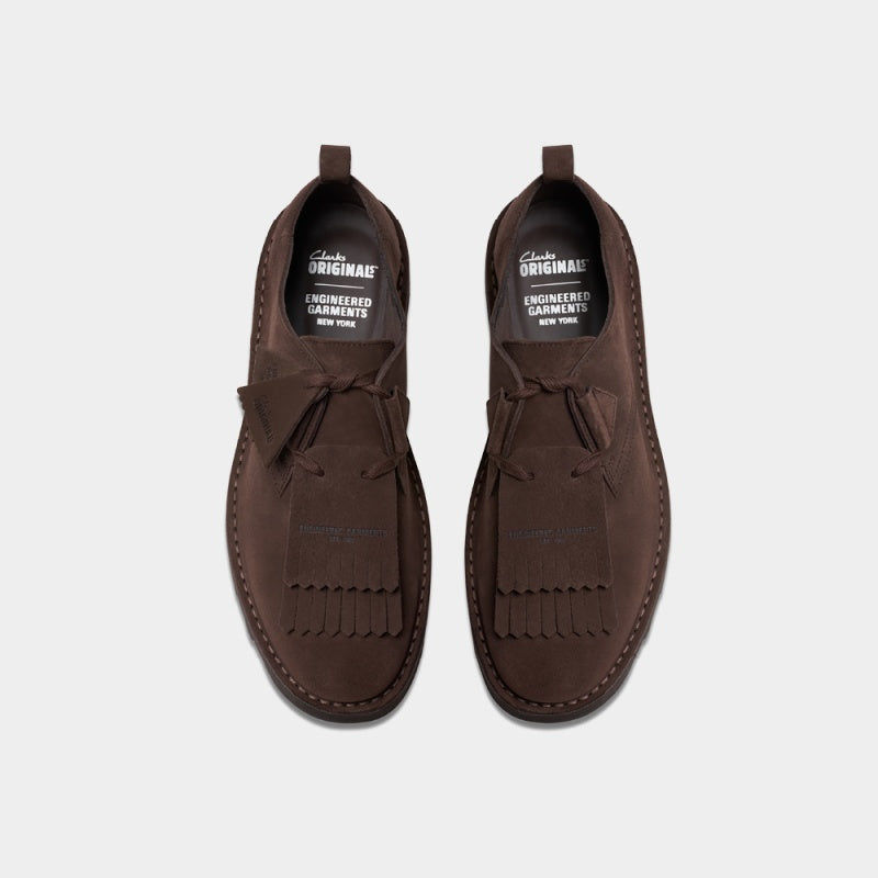 Clarks Originals x Engineered Garments Desert Khan shoes in a reimagined silhouette with modern detailing.