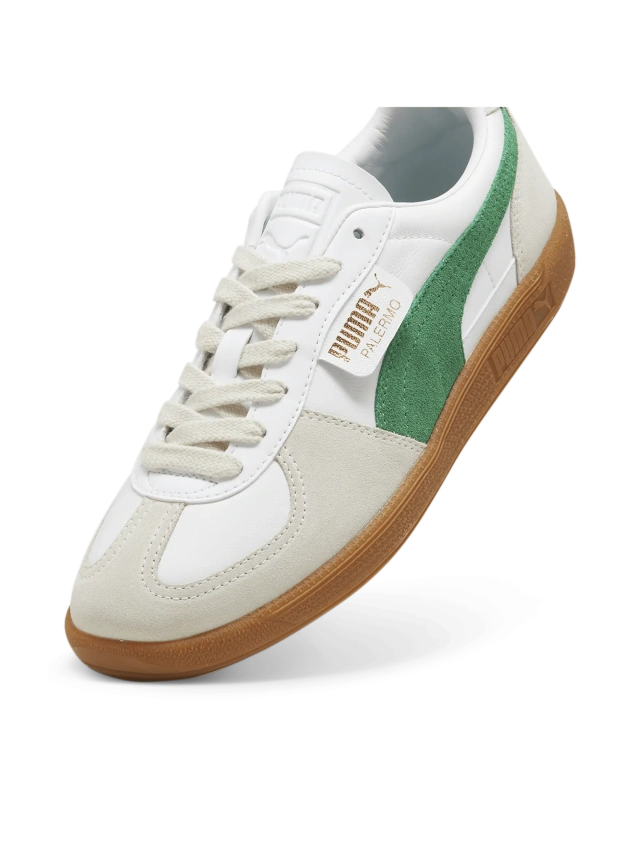 Revival of the iconic Palermo sneaker with suede base, leather Formstrip, T-toe design, and classic gum sole.