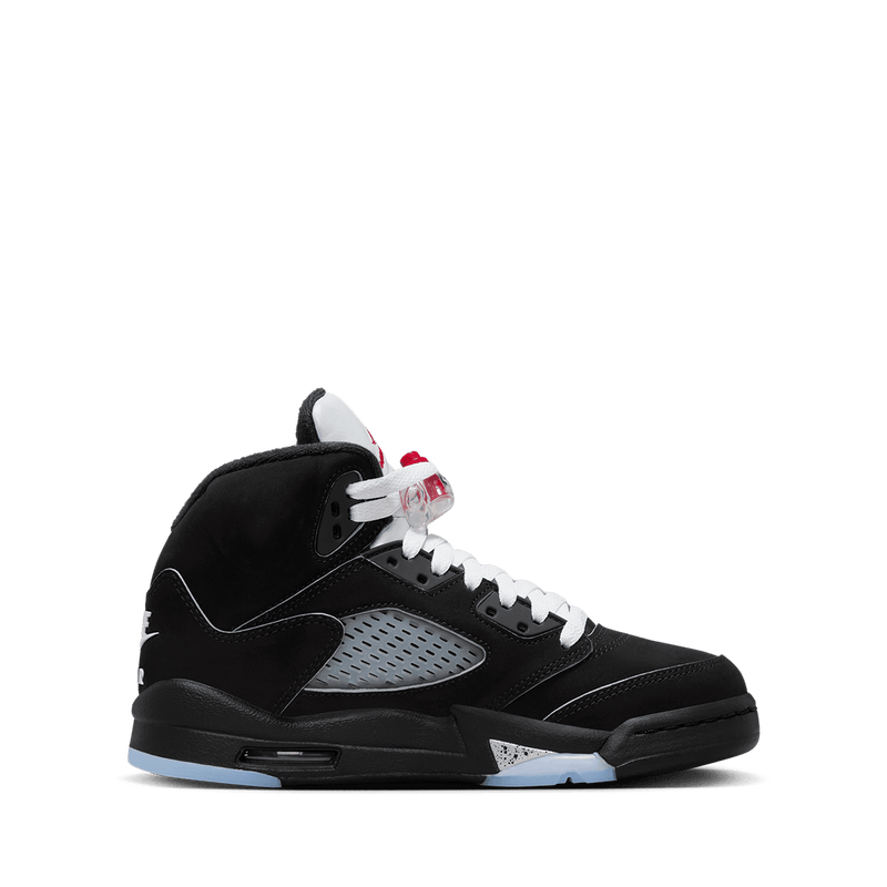 Air Jordan 5 sneaker with zig-zag midsole details, mesh panels, lace locks, and premium nubuck leather with metallic accents.