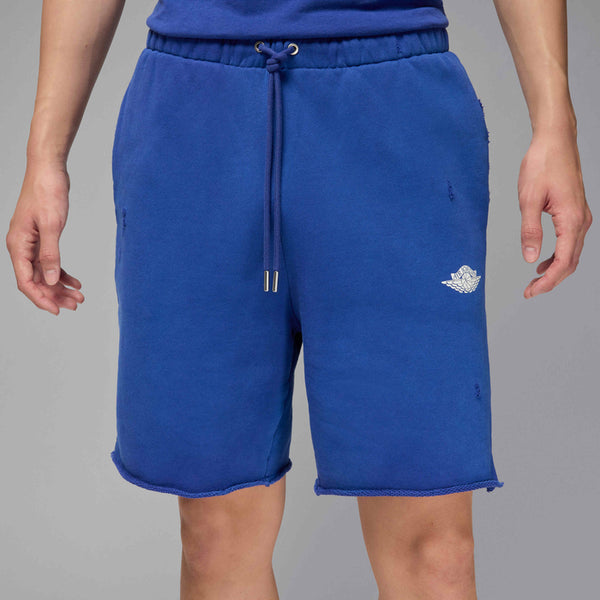 Jordan Rare Air shorts in heavyweight French terry with distressed details, raw edge hems, and crackle print graphics
