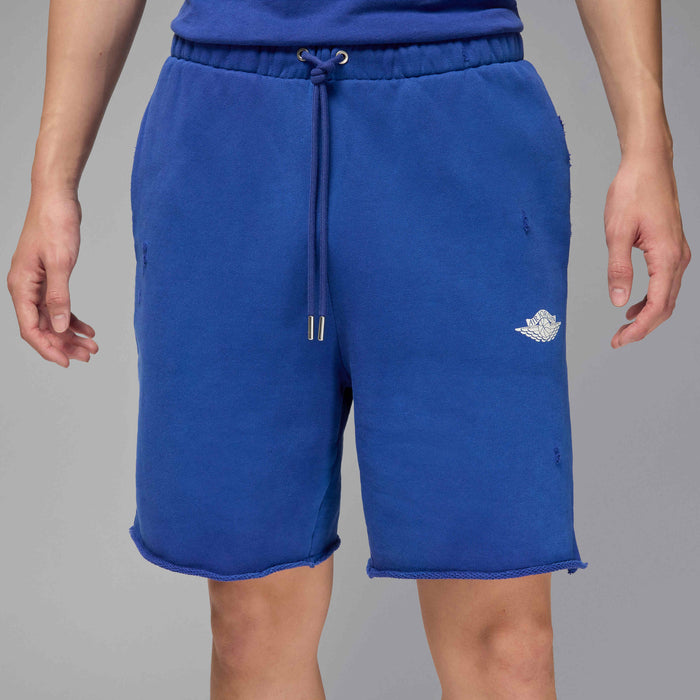Jordan Rare Air shorts in heavyweight French terry with distressed details, raw edge hems, and crackle print graphics
