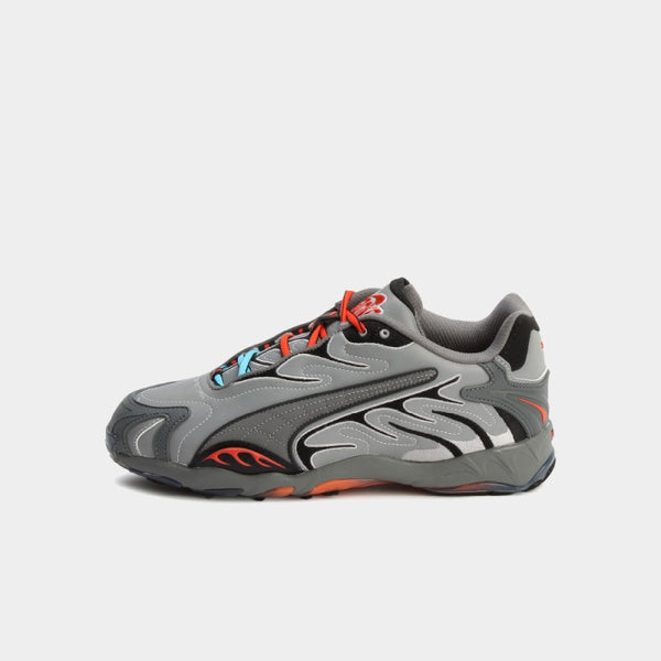 PUMA x A$AP Rocky Inhale Reflective sneakers in grey with blue and yellow flame-like accents and bold streetwear-inspired design