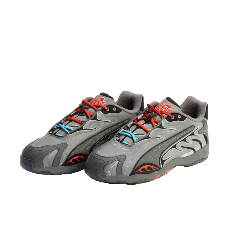 PUMA x A$AP Rocky Inhale Reflective sneakers in grey with blue and yellow flame-like accents and bold streetwear-inspired design