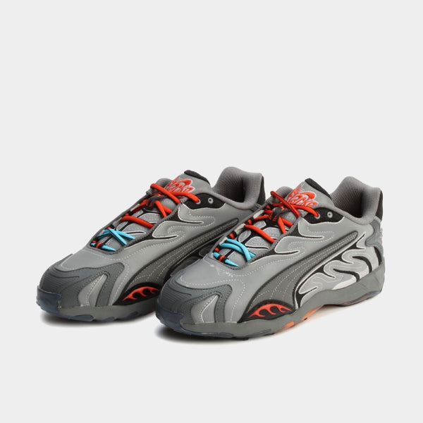 PUMA x A$AP Rocky Inhale Reflective sneakers in grey with blue and yellow flame-like accents and bold streetwear-inspired design