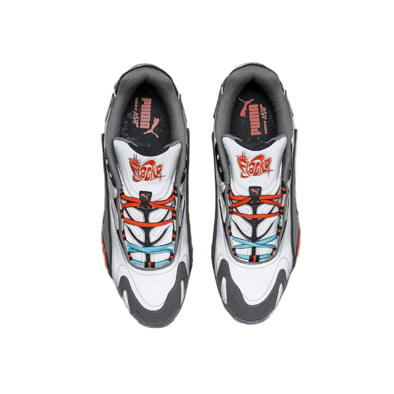 PUMA x A$AP Rocky Inhale Reflective sneakers in grey with blue and yellow flame-like accents and bold streetwear-inspired design