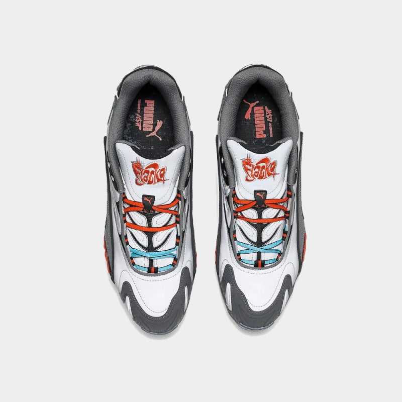 PUMA x A$AP Rocky Inhale Reflective sneakers in grey with blue and yellow flame-like accents and bold streetwear-inspired design