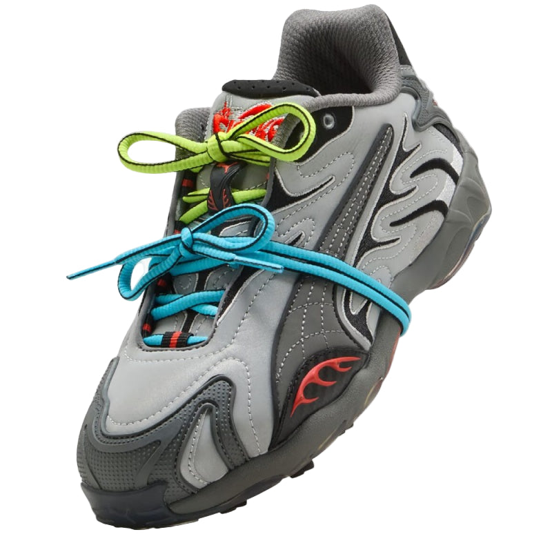 PUMA x A$AP Rocky Inhale Reflective sneakers in grey with blue and yellow flame-like accents and bold streetwear-inspired design