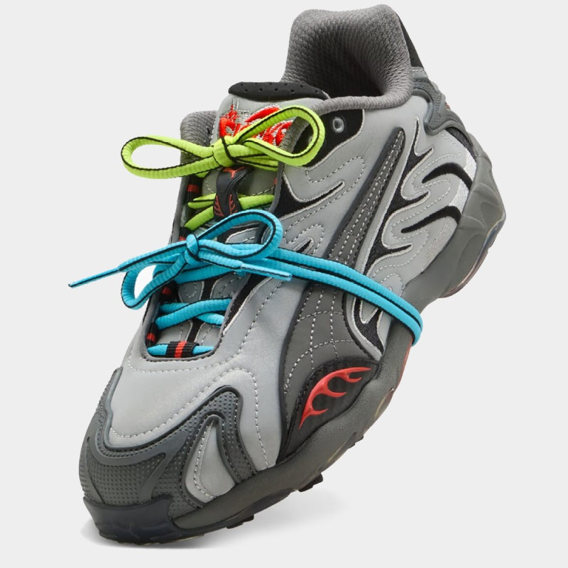 PUMA x A$AP Rocky Inhale Reflective sneakers in grey with blue and yellow flame-like accents and bold streetwear-inspired design
