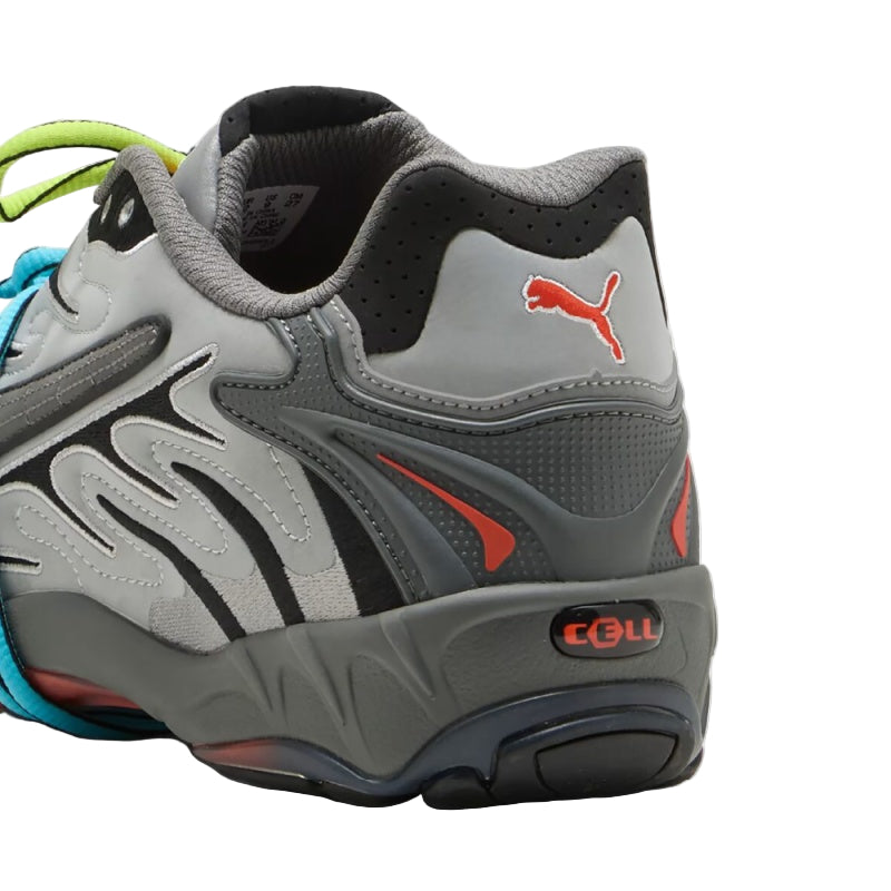 PUMA x A$AP Rocky Inhale Reflective sneakers in grey with blue and yellow flame-like accents and bold streetwear-inspired design