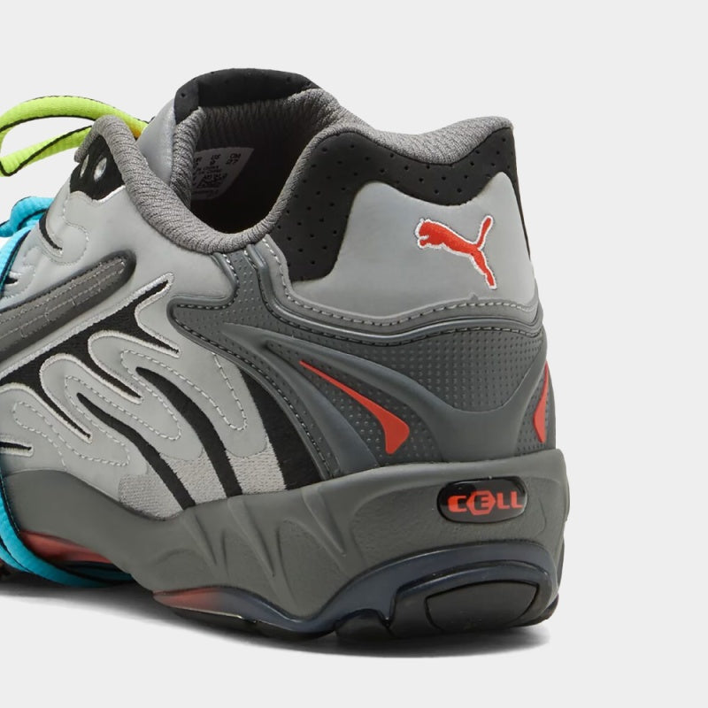 PUMA x A$AP Rocky Inhale Reflective sneakers in grey with blue and yellow flame-like accents and bold streetwear-inspired design