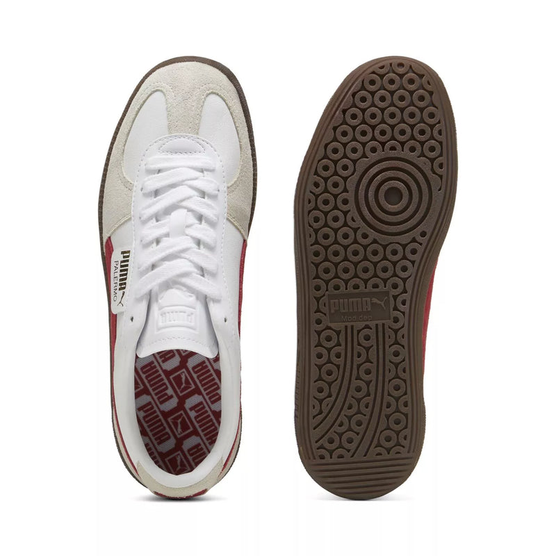 Retro Palermo sneakers with suede upper, leather Formstrip, foil-printed PUMA branding, and classic gum sole.