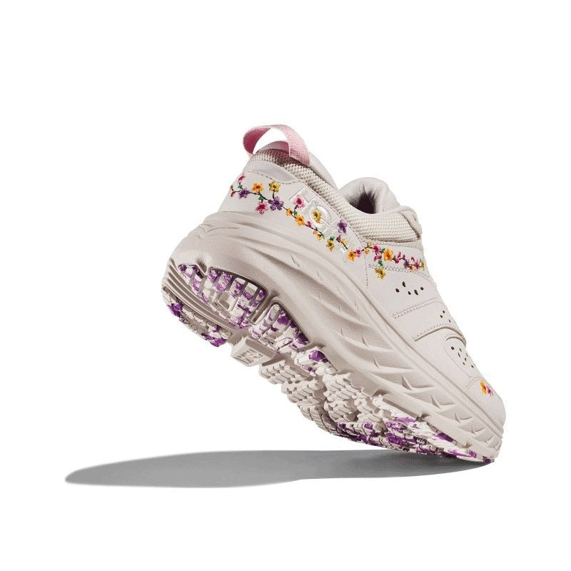 HOKA BONDI L BP lifestyle shoes showcasing vibrant floral patterns, premium nubuck upper, and marbled outsole, designed for both comfort and style.