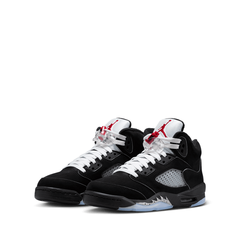 Air Jordan 5 sneaker with zig-zag midsole details, mesh panels, lace locks, and premium nubuck leather with metallic accents.