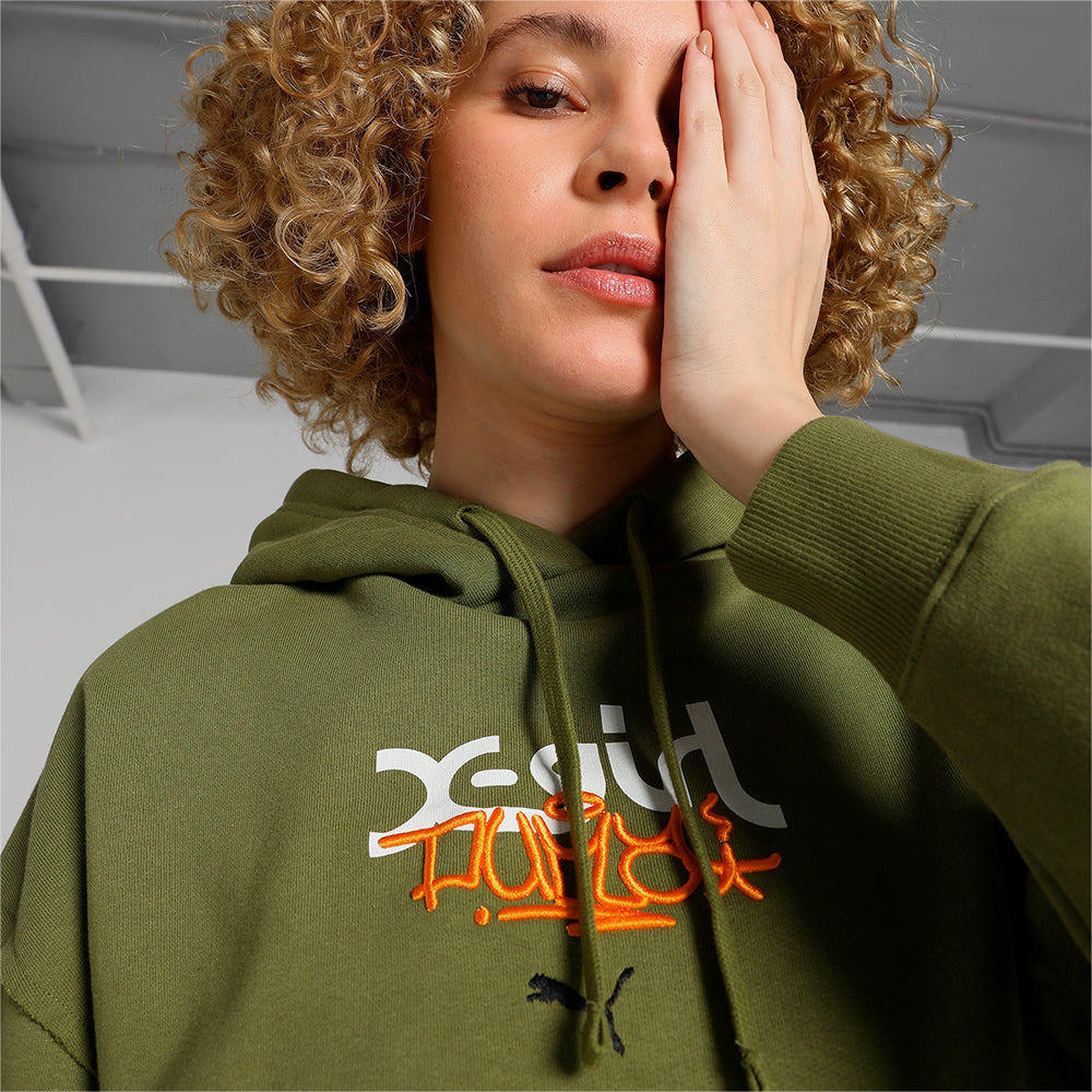 PUMA x X-GIRL Graphic Hoodie TR featuring bold streetwear graphics, drawstring hood, and relaxed fit in soft premium fabric.